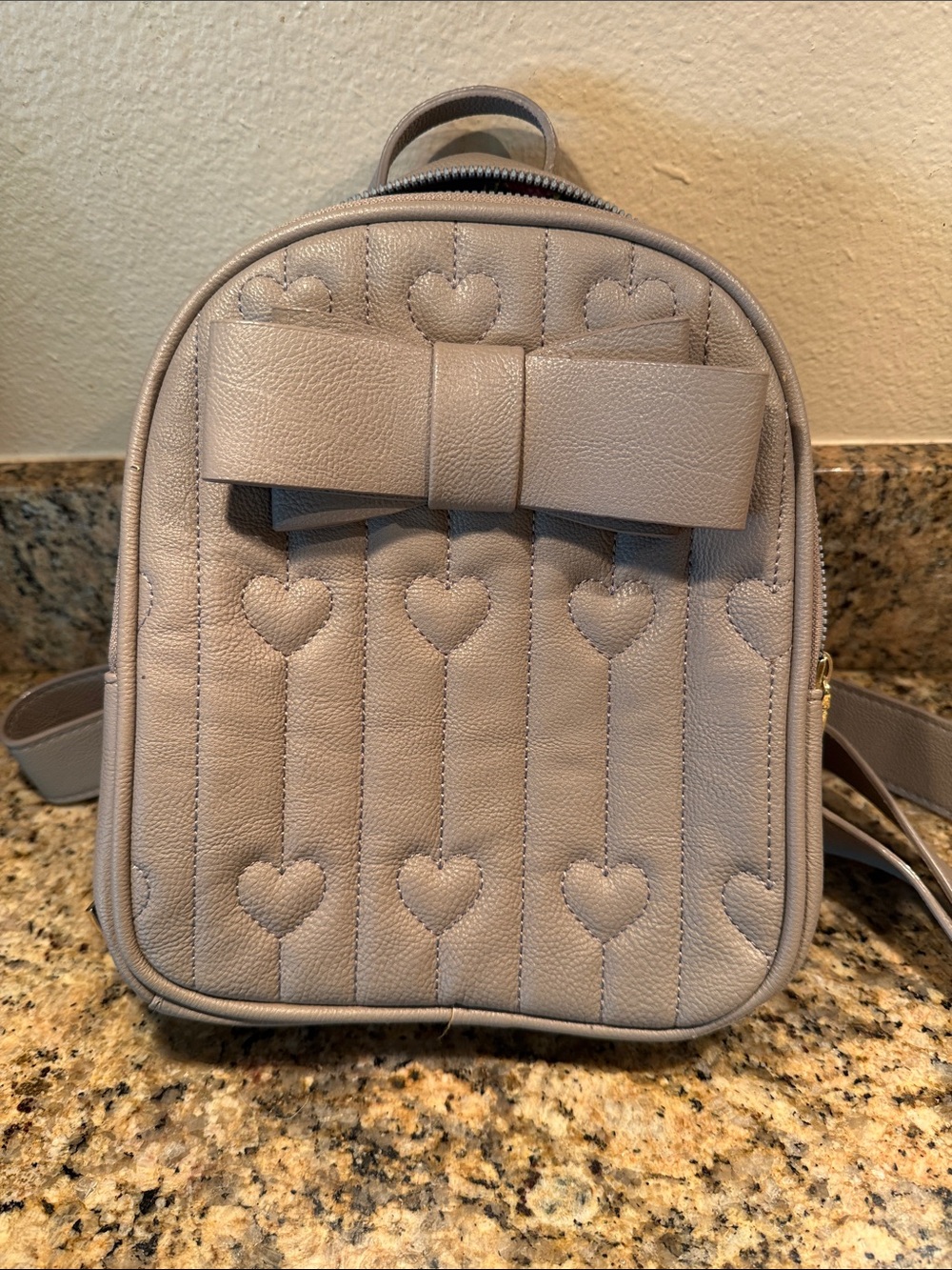 Betsy Johnson Heart-Quilted Mini Backpack with Bow - Taupe